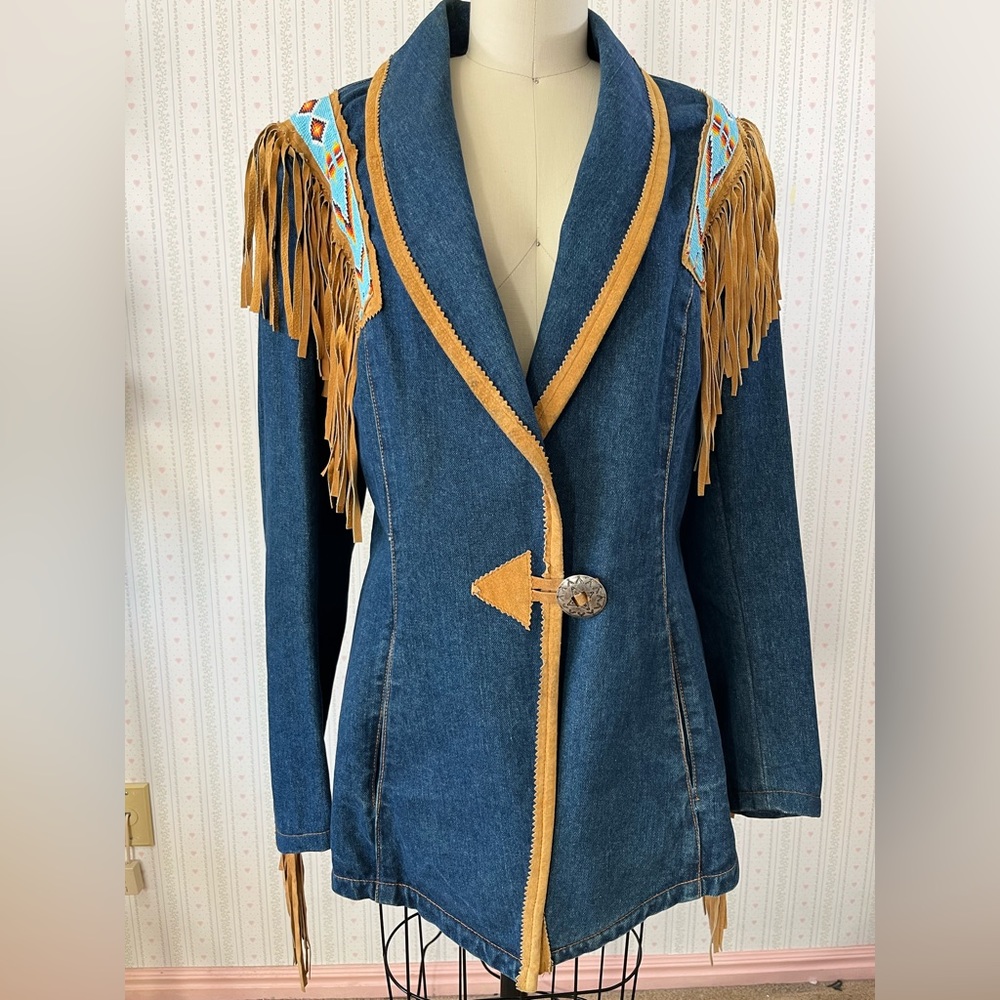 Aztec western denim vintage blazer with fringe